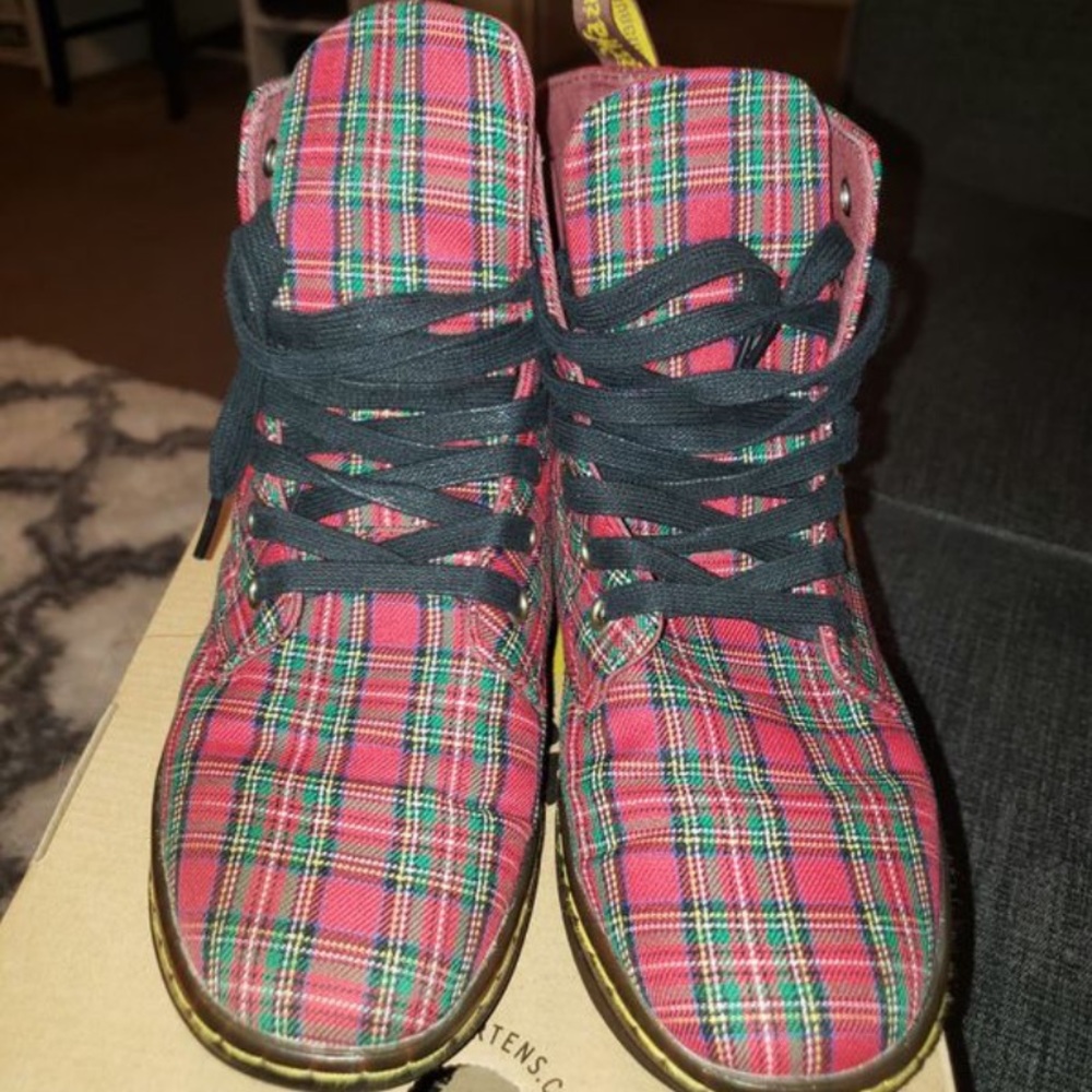 Red plaid Dr Martens boots